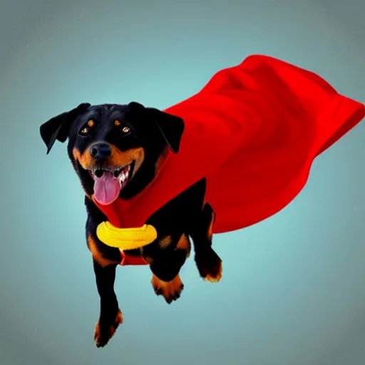 Image similar to Flying Rottweiler wearing a red cape, caricature