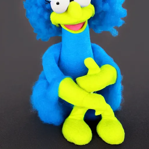 Image similar to marge simpson as a muppet blue hair, yellow skin, green dress. highly detailed felt. hyper real photo. 4 k.