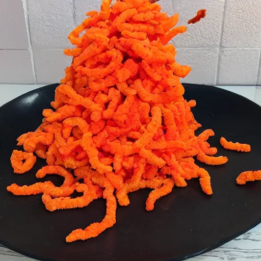 Image similar to a flaming hot cheetos cheese volcano