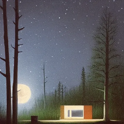 Image similar to painting by by Quint Buchholz, atmospheric cozy futuristic organic white concrete house in the middle of a lush and dense forest at night, a beautiful lake next to it, night time, night sky, starry night sky, by Quint Buchholz