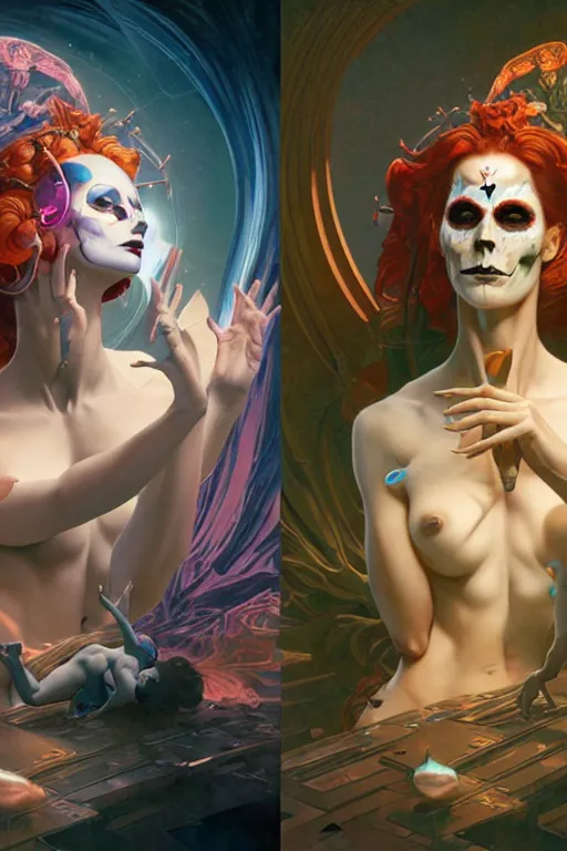Image similar to the creation of adam, ultra detailed female android deity, scifi, octane render, ( dia de los muertos ), matte painting, asymmetrical, intricate concept art, triadic color scheme, art by artgerm and michelangelo and dzo and greg rutkowski and alphonse mucha and wlop