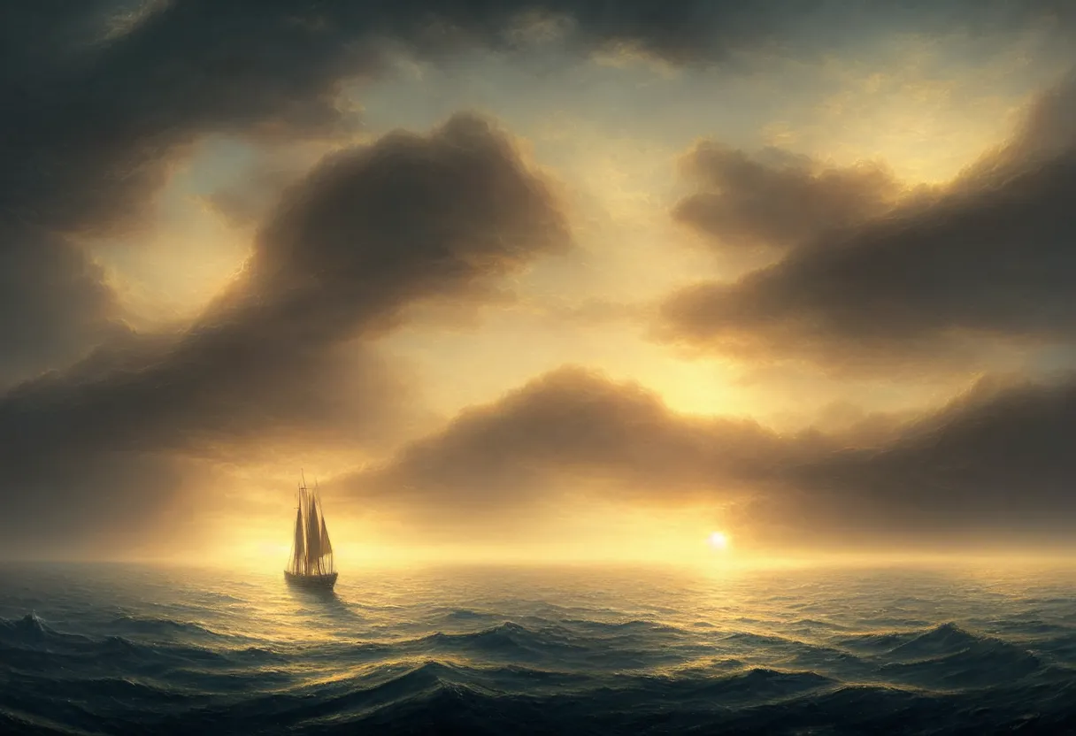 Image similar to strange sea surface of autumn planet at sunset, sailing ship on horizon, ultra high definition, ultra detailed, symmetry, fog, matte painting, by greg rutkowski and ross tran and wlop