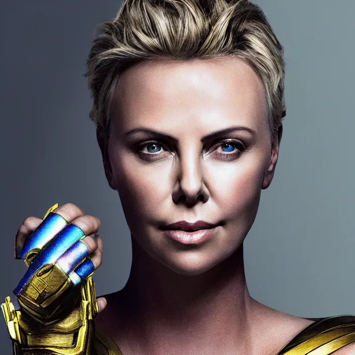 Image similar to portrait of ((Charlize Theron)), wearing The Infinity GAUNTLET. infinity gauntlet. intricate artwork. octane render, trending on artstation, very coherent symmetrical artwork. avengers. thanos. infinity war. cinematic, hyper realism, high detail, octane render, 8k, iridescent accents