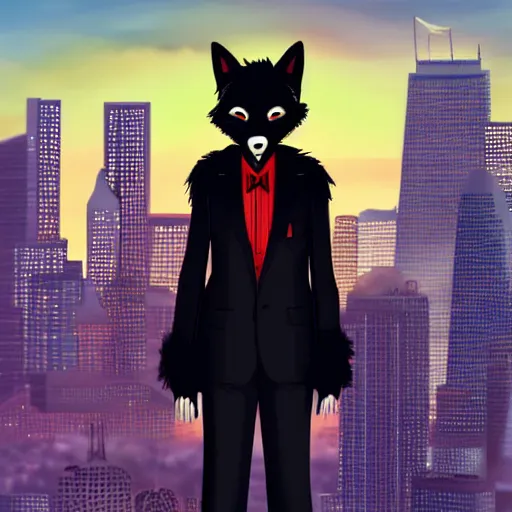 Image similar to a black anthropomorphic male fox furry wearing a fancy suit in the city at sunset, modern anime style