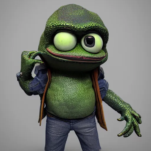 Image similar to perfectly accurate miniature figure of pepe the frog wearing jeans and a black leather jacket, soft textures, skin texture, clothing, 3d sculpture, textured, fine detail, lifelike, photo, high resolution, octane render, post processing, after effects, trending on artstation