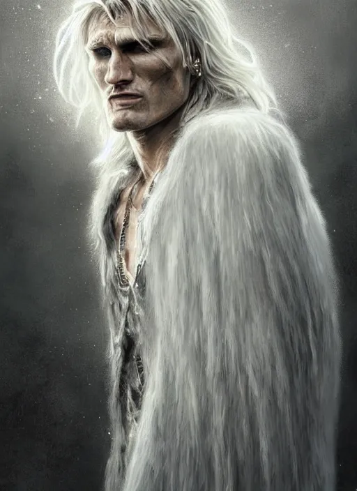 Prompt: Portrait of Dolph Lundgren, white glowing eyes, silver shaggy hair, cloak, ethereal wings, male, fantasy, extremely detailed, digital painting, artstation, concept art, smooth, sharp focus, illustration, stunning lighting, art by artgerm and greg rutkowski and alphonse mucha and simon stalenhag, realistic character concept, high fantasy, light atmosphere, golden ratio, cinematic lighting, hyperdetailed, high resolution, insanely detailed and intricate, artstation, Marc Simonetti, Greg Rutkowski, 8k