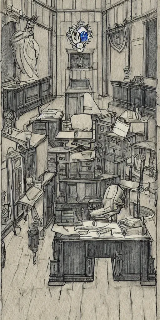 Prompt: a court room with a justice scale on the desk, drawn by a famous anime artist Hayao Miyazaki, high quality, fine lines, amazing detail. colored, intricate ink painting, the justice tarot card, concept art psychedelia,