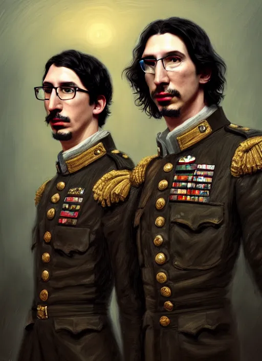 Image similar to a portrait of john oliver and adam driver posing together, stoic, military uniform, fantasy, intricate, elegant, beautiful, highly detailed, centered, digital painting, artstation, concept art, smooth, sharp focus, illustration, art style by klimt and nixeu and ian sprigger and wlop and krenz cushart