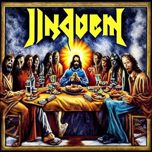 Image similar to the lord's supper, jesus accompanied by undeads in iron maiden album cover style