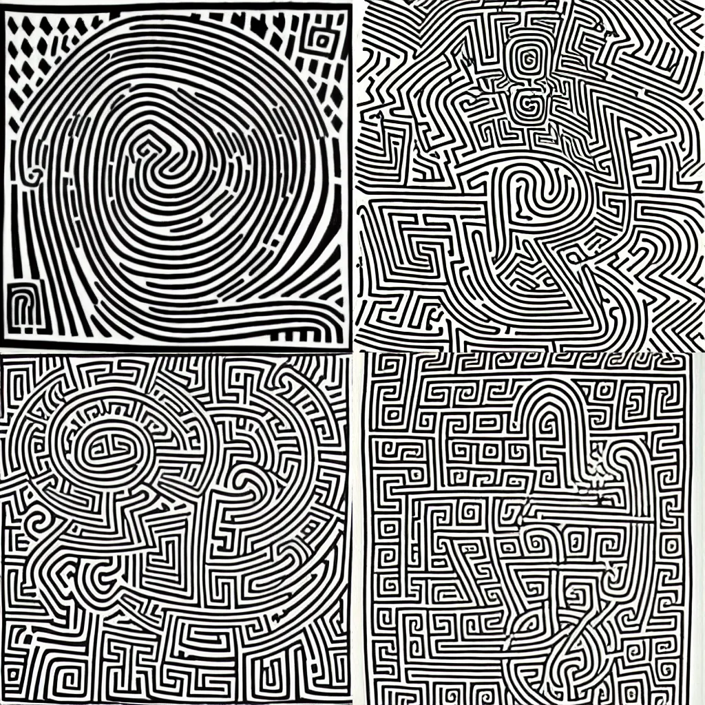 Prompt: line art labyrinth zentangle, keith haring