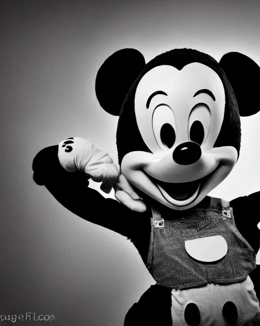 Image similar to A black-and-white studio portrait of mischievous-looking Mickey Mouse in the style of a horror movie; bokeh, 90mm, f/1.4