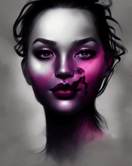 Prompt: black mauve smoke ink beauty portrait, cosmic polygon art, artgerm, ross tran