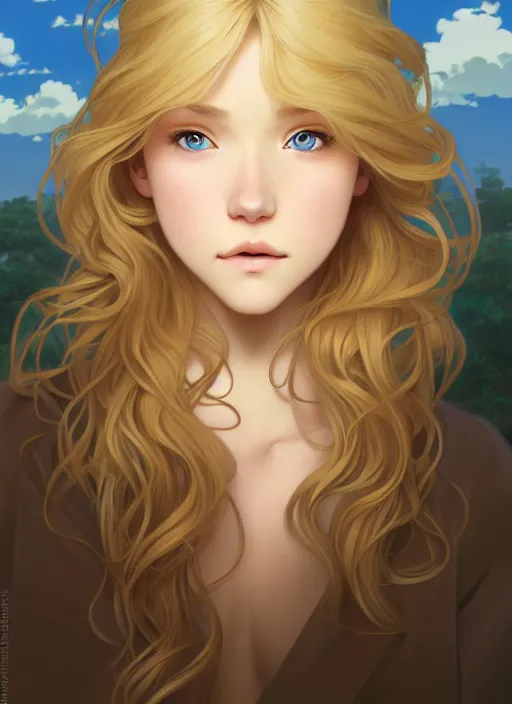 Prompt: young blond girl with long curly, golden hair, perfectly proportioned face, brown eyes, sweet smile, strong jawline,, natural lighting, path traced, highly detailed, high quality, cartoon, digital painting, by new haicheng and studio ghibli and alphonse mucha