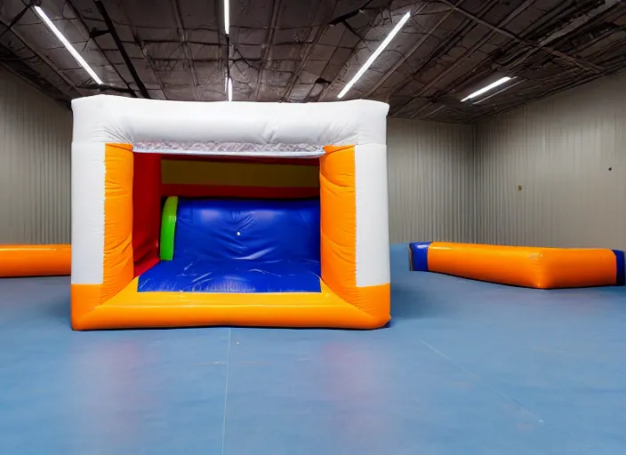 Image similar to photo still of a bounce house in prison!!!!!!!! at age 3 6 years old 3 6 years of age!!!!!!!! inmated jumping in it, 8 k, 8 5 mm f 1. 8, studio lighting, rim light, right side key light