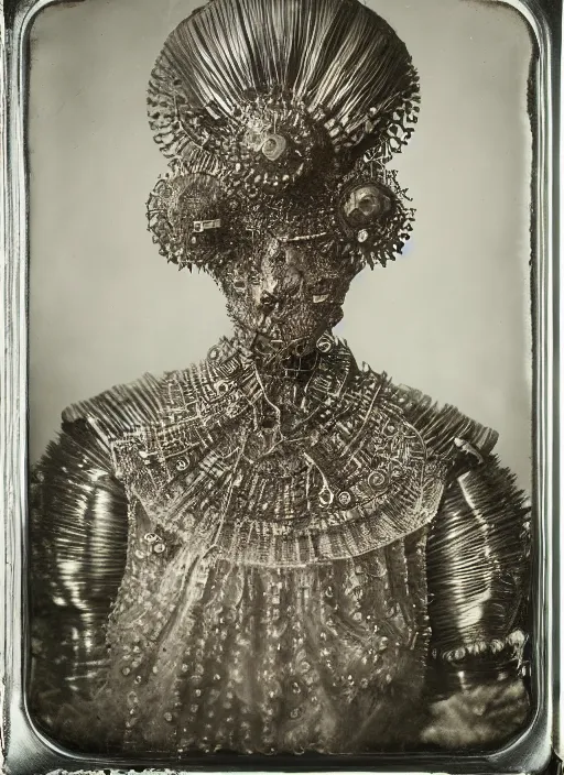 Image similar to old wetplate daguerreotype frame portrait of a futuristic silver armored marie antoinette cyborg, fractal, intricate, elegant, highly detailed, subsurface scattering, by jheronimus bosch and greg rutkowski and louis jacques mande daguerre