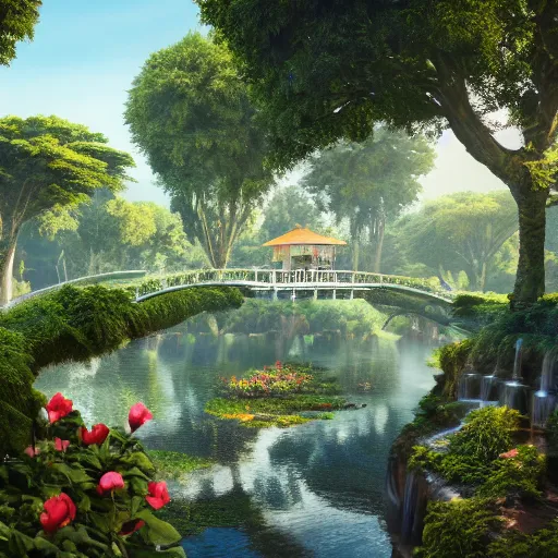 Image similar to a beautiful nature civilization, fancy, flowers, bridges, malls, shops, nature city, people, tree houses, wet reflections, unreal engine 5, octane, smooth, ray tracing, hyper detailed, hyper realism, fantasy, trending on artstation, behance, deviantart