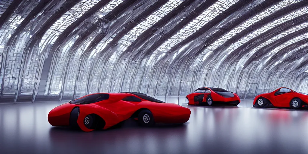 Image similar to kama russian electrocar, inside futuristic hangar, red car, sharp focus, ultra realistic, ultra high pixel detail, cinematic, intricate, cinematic light, unreal engine 8 k