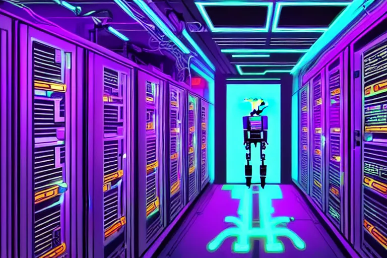 Prompt: realistic robot in a data server room, neon and dark, purple and blue color scheme, by dan mumford and malevich