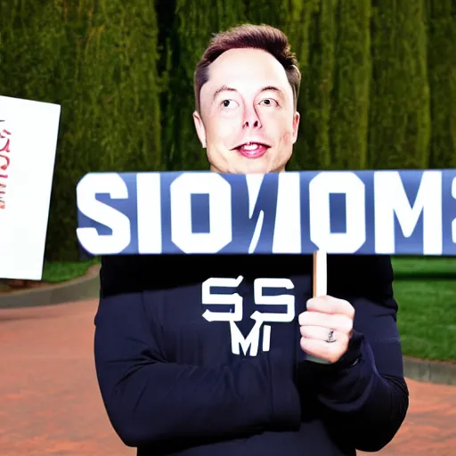 Image similar to a medium shot photograph of elon musk holding a sign with the word soon on it, 4k, ultra HD