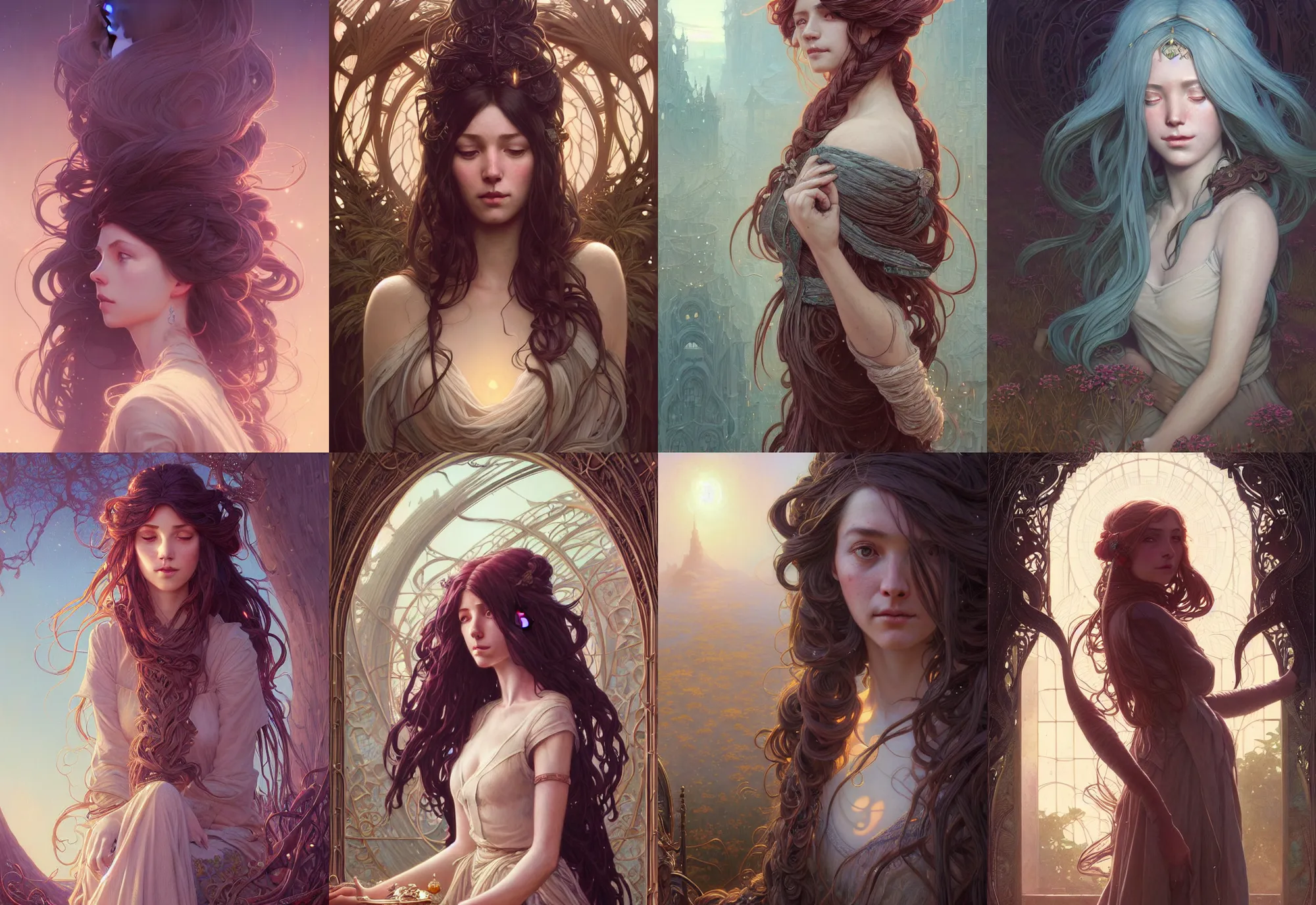 Prompt: highly detailed portrait of a woman with long hairs, stephen bliss, unreal engine, fantasy art by greg rutkowski, art nouveau, loish, rhads, ferdinand knab, makoto shinkai and lois van baarle, ilya kuvshinov, rossdraws, tom bagshaw, alphonse mucha, global illumination, radiant light, detailed and intricate environment