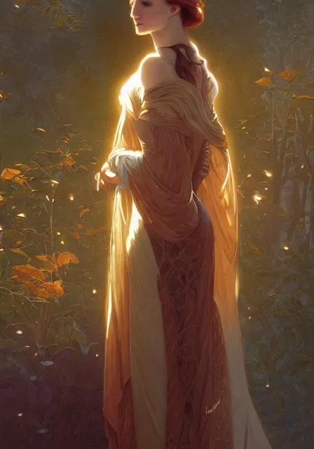 Image similar to sansa stark gold lights sunny autumn, intricate, elegant, highly detailed, digital painting, artstation, concept art, smooth, sharp focus, illustration, art by artgerm and greg rutkowski and alphonse mucha and william - adolphe bouguereau