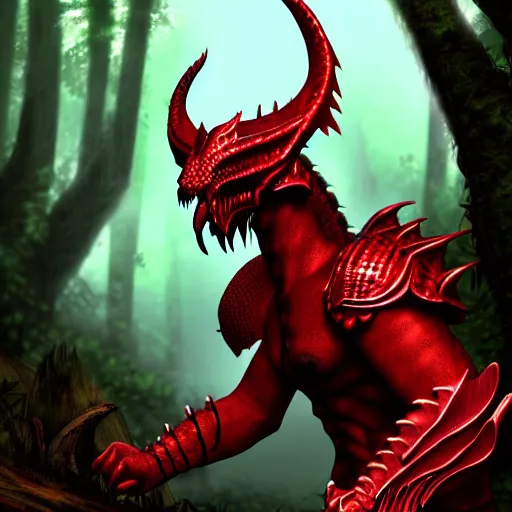 Image similar to A dragonborn with red scales and wings, wearing viking armor, in a rainforest, trending on artstation