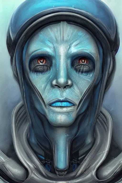 Image similar to portrait from a handsome blue masculine extraterrestrial alien, sci - fi art, hr giger, trending on artstation