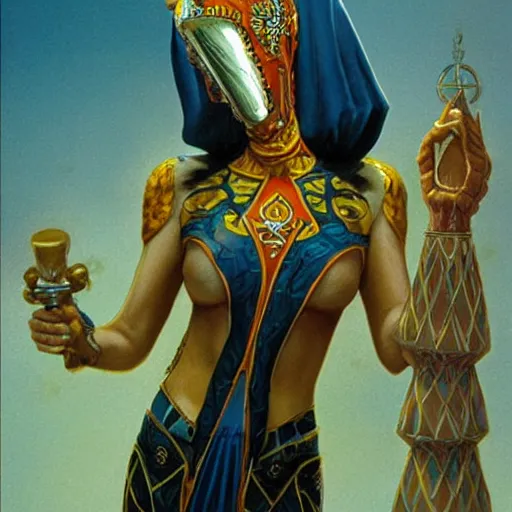 Prompt: seductive, clothed science fiction mutant byzantine priestess with long neck and geometric headdress and mask, by boris vallejo, deak ferrand, and greg rutkowski