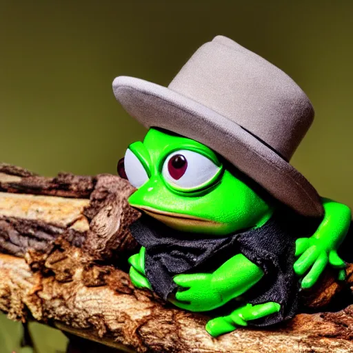 Image similar to baby pepe the frog, larg eyes, sitting on a log, wearing a bowler hat, pixar, disney, dynamic lighting, bokeh