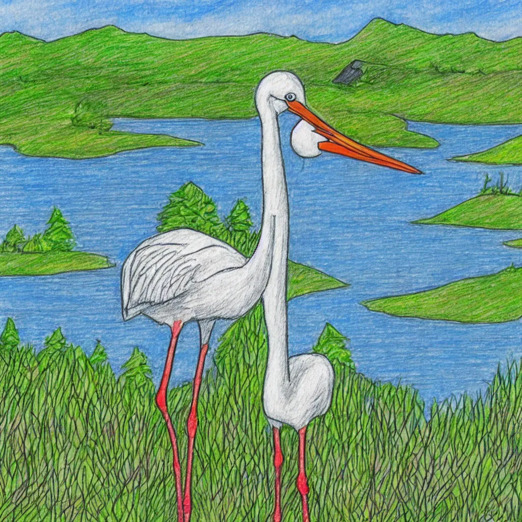 Image similar to post stamp drawing of a stork, lake and forest in distance, colourful, very detailed, 4 k