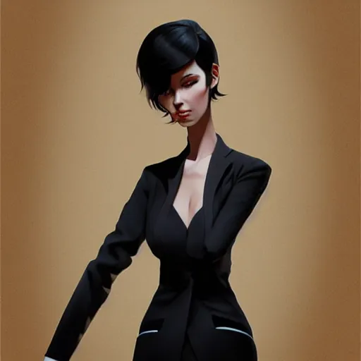 Image similar to slim girl in tuxedo with short black hair, elegant, 2d, ultra highly detailed, digital painting, smooth, sharp focus, artstation, art by Ilya Kuvshinov