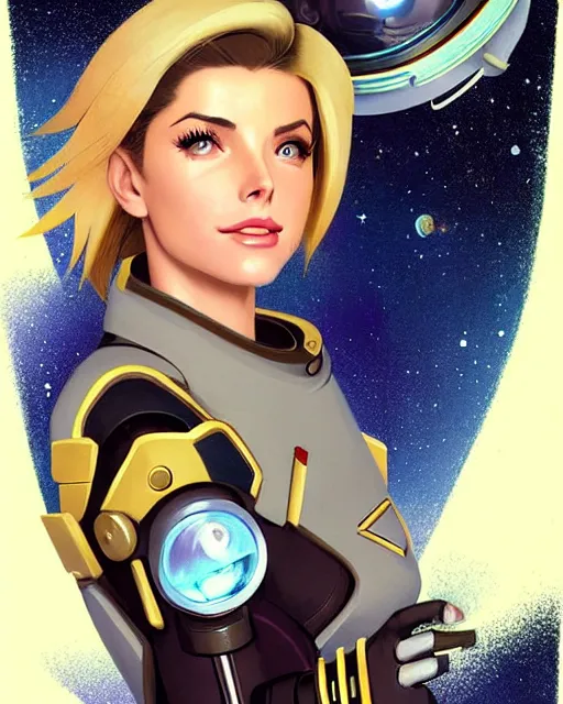 Image similar to mercy from overwatch, ashley greene's face combined with grace kelly's face, in space, character portrait, portrait, close up, concept art, intricate details, highly detailed, vintage sci - fi poster, retro future, vintage sci - fi art, vintage, in the style of chris foss, rodger dean, moebius, michael whelan, and gustave dore