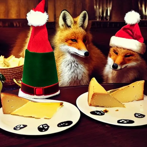 Prompt: foxes wearing santa hats and they are eating cheese in a fancy restaurant