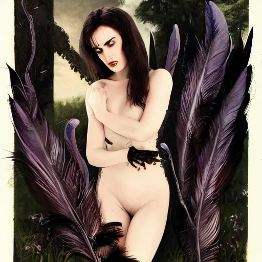 Prompt: young innocent jennifer connelly as innocent gothic beauty with black feathers instead of hair, eyes closed, sad, feathers growing out of skin, in feminine bedroom full of collectible dolls, romantic, comic book cover, vivid, beautiful, illustration, highly detailed, rough paper, dark, oil painting