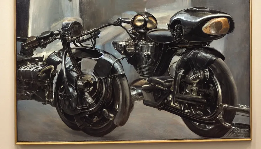 Prompt: painting by borremans, motorbike from tron movie in front of the mirror, detailed, stunning