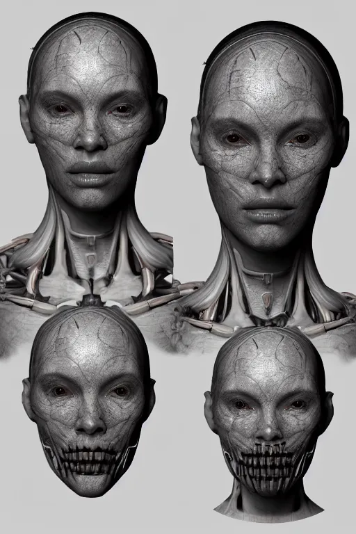 Prompt: cyborg female with gunmetal grey skin, medical anatomy, hollowed out face, highly detailed, mecha, african braids hairstyles, mechanical implants, three - perspective / three - view reference sheet ( front / back / side ), in the style of dan ouellette, dren from splice, hr giger, sil from species, artstation, unreal engine