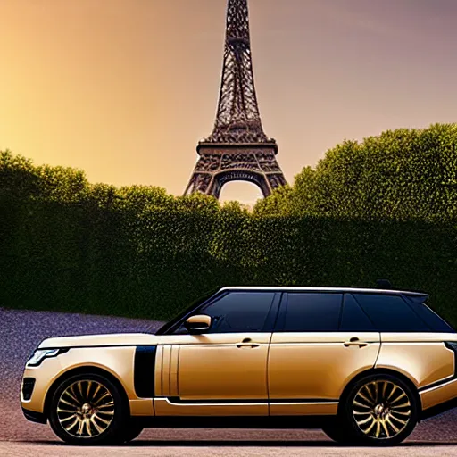 Image similar to range rover car in the shape of a balloon flying in front of the eiffel tower, photo realistic, golden hour