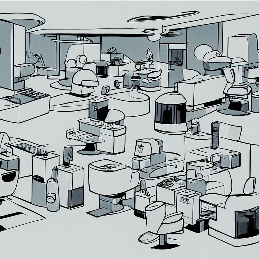 Image similar to concept art of jetsons cartoon scenario of a futuristic hair salon, painted by dieter rams