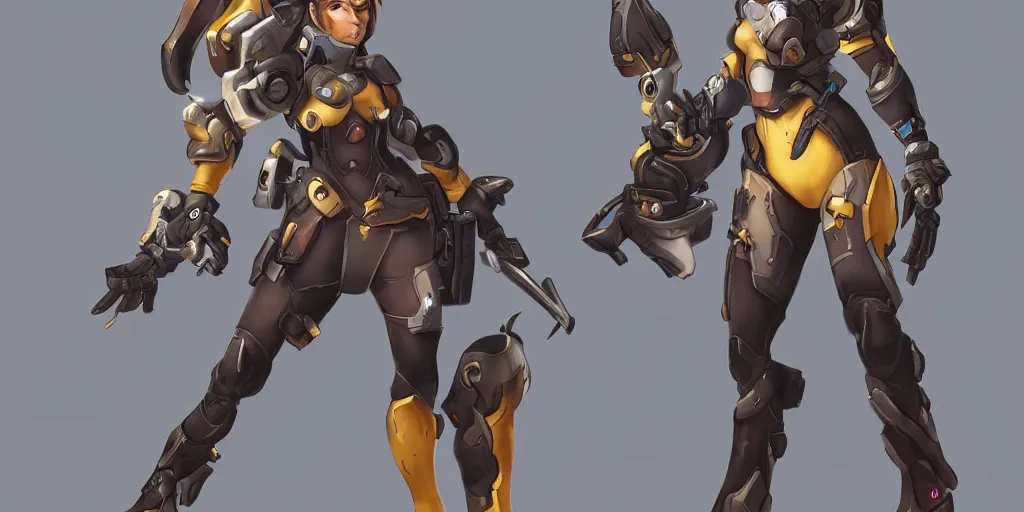 Image similar to a hyper realistic image of a female warrior wearing overwatch armor, tracer, mercy from overwatch, concept art, concept armor, artstation