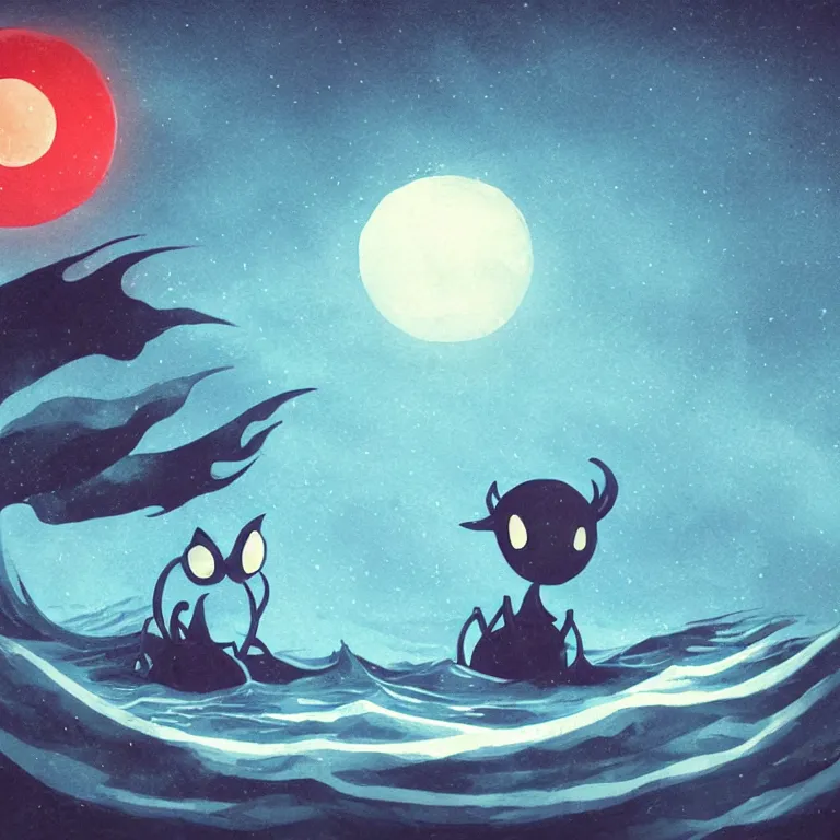 Prompt: cute creature looking at the sea with a red moon reflecting in the waves, night, low angle, in the style of Hollow Knight