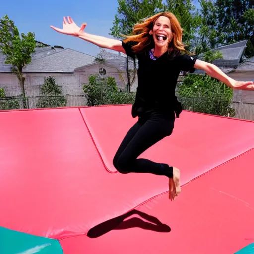 Image similar to a real photo of Julia Roberts jumping on a trampoline, 4K, high quality