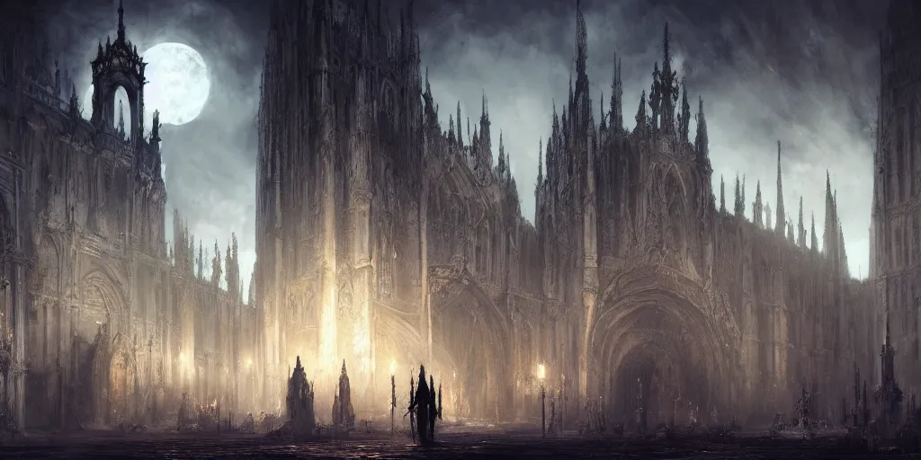 Image similar to inside cathedral from bloodborne, gothic art, dark fantasy, concept art, digital painting, trending on art station, night time render, moon light, god rays, highly detailed
