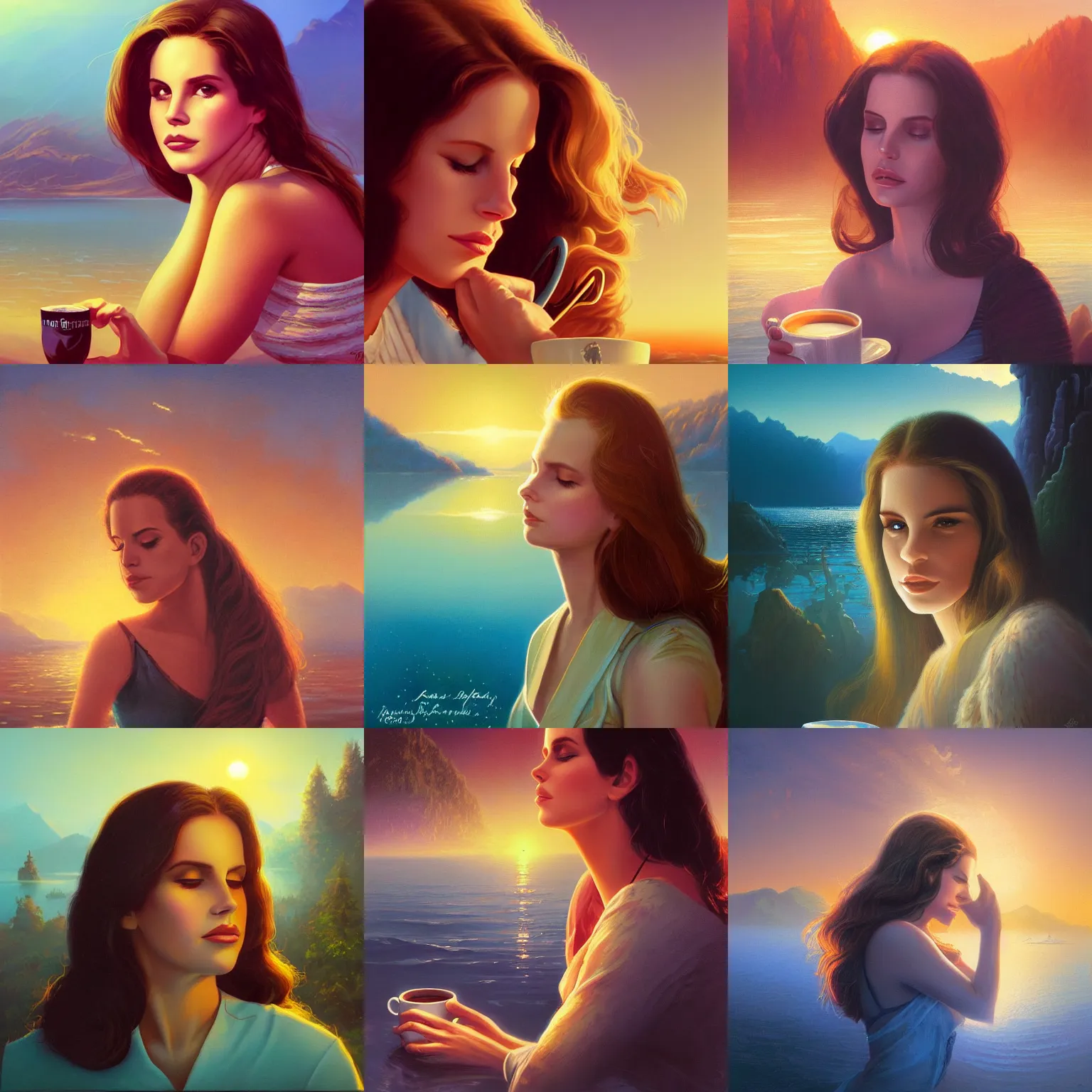 Prompt: close - up portrait of sleepy lana del rey, morning golden hour, steaming coffee, mystical lake view vista, mark brooks, ralph horsley, anton fadeev, paul lehr, rhads