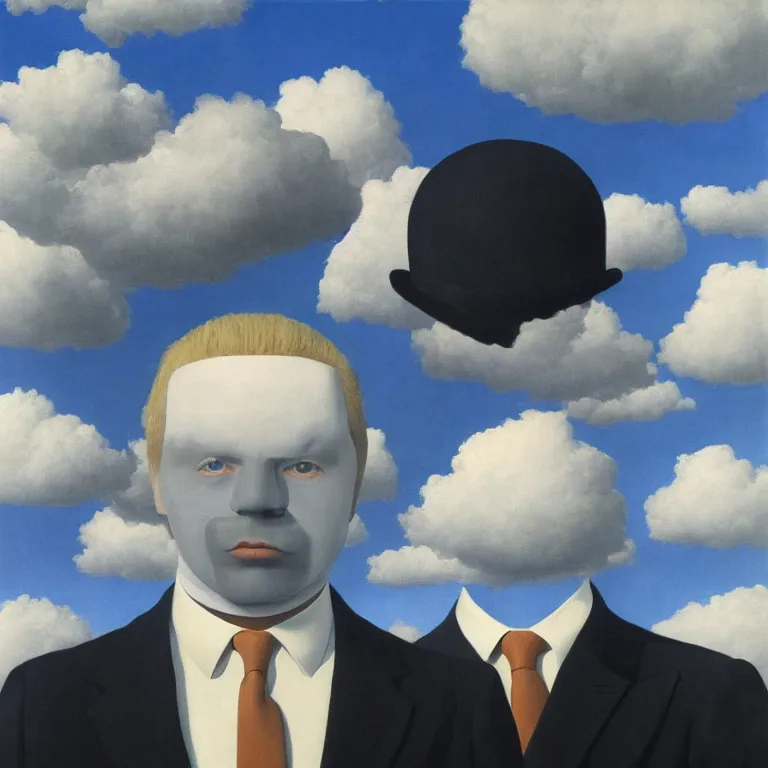 Image similar to portrait of a faceless chrome - head man in a suit, clouds in the background, by rene magritte, detailed painting, distance, centered, hd, hq, high resolution, high detail, 4 k, 8 k