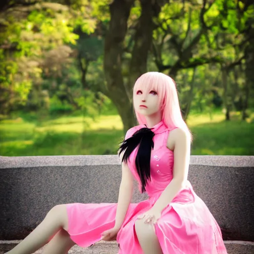 Image similar to anime kerli koiv young female model sitting on bench photography sun dress beautiful face and body, dramatic light 8 0 mm camera