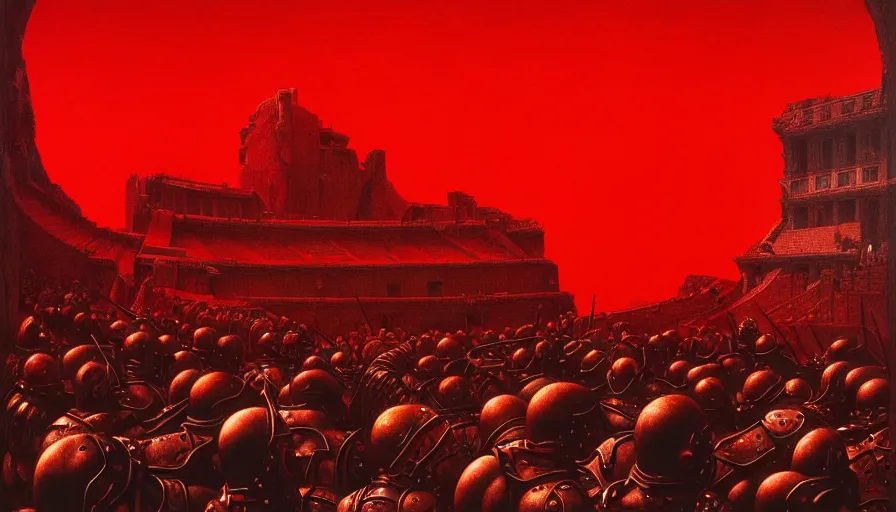 Image similar to only with red, a lightly armored gladiator in a crowded roman amphitheatre, crowd cheering, in the style of beksinski and edward hopper and rodcenko and yue minjun and artgerm, intricate and epic composition, red by caravaggio, highly detailed, masterpiece, red light, artstation