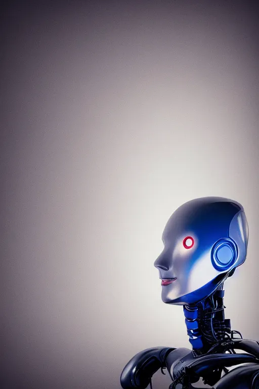 Prompt: portrait of a robot, colour photo, diffused lighting, profile facing right