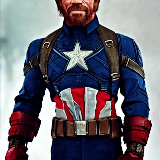 Image similar to uhd candid photo of chuck norris dressed as captain america, wearing extremely intricate costume. photo by annie leibovitz