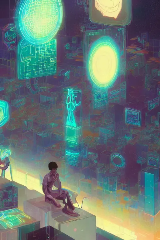 Prompt: digital painting of black teenager manipulating three dimensional holographic screens - in the style of afrofuturism - art, by wlop, james jean, victo ngai! muted colors, very detailed, art fantasy by craig mullins, thomas kinkade cfg _ scale 8