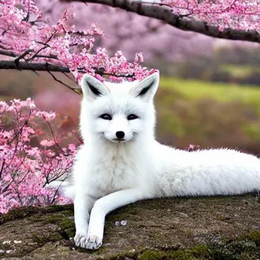 Prompt: cute white fox under a sakura tree with kyoto in the background